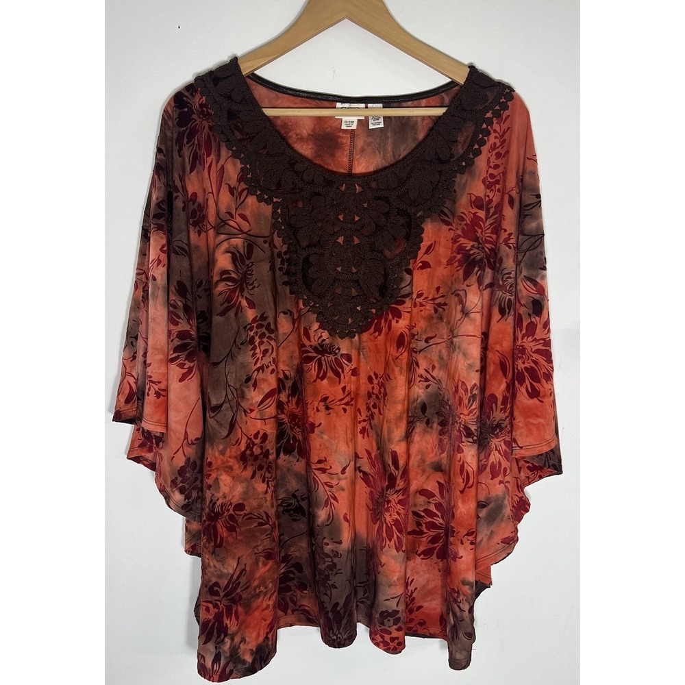Cato Size 22/24W Kimono Sleeve‎ Blouse Crochet Detail Burnt Orange Velvet Floral